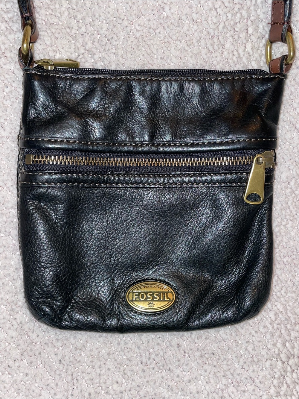 Fossil Black Leather Crossbody with Brass Accents